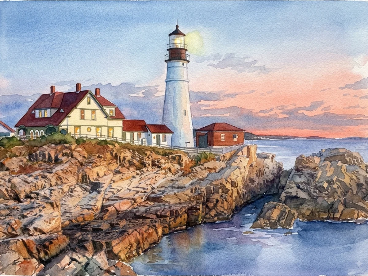 Watercolour painting of Portland Head Light, a conical rubble-stone tower, brick lined in Maine, United States of America