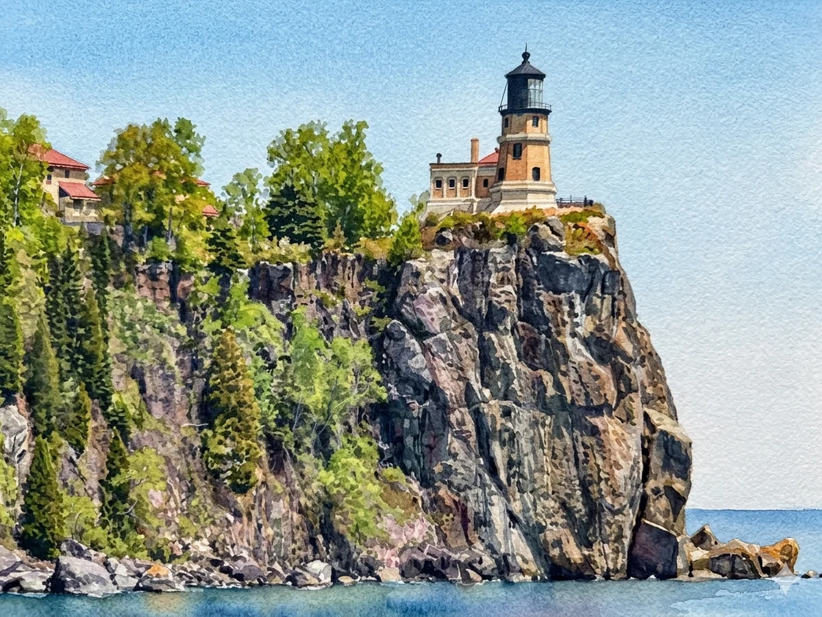 Watercolour painting of Split Rock Lighthouse, a octagonal steel-and-brick tower atop a 40 m cliff in Minnesota, United States of America