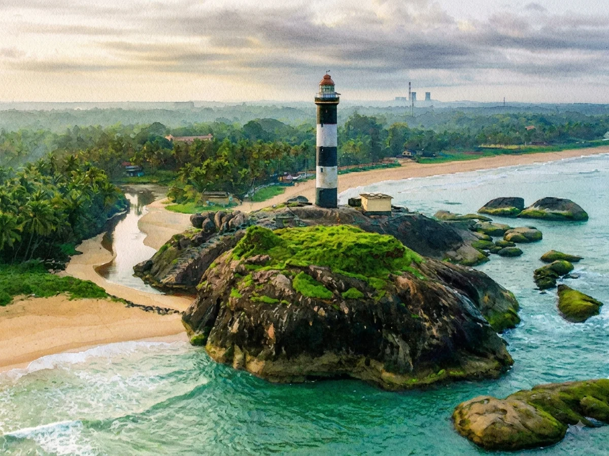 Watercolour painting of Kapu Lighthouse, a cylindrical masonry tower, banded daymark in Karnataka, India