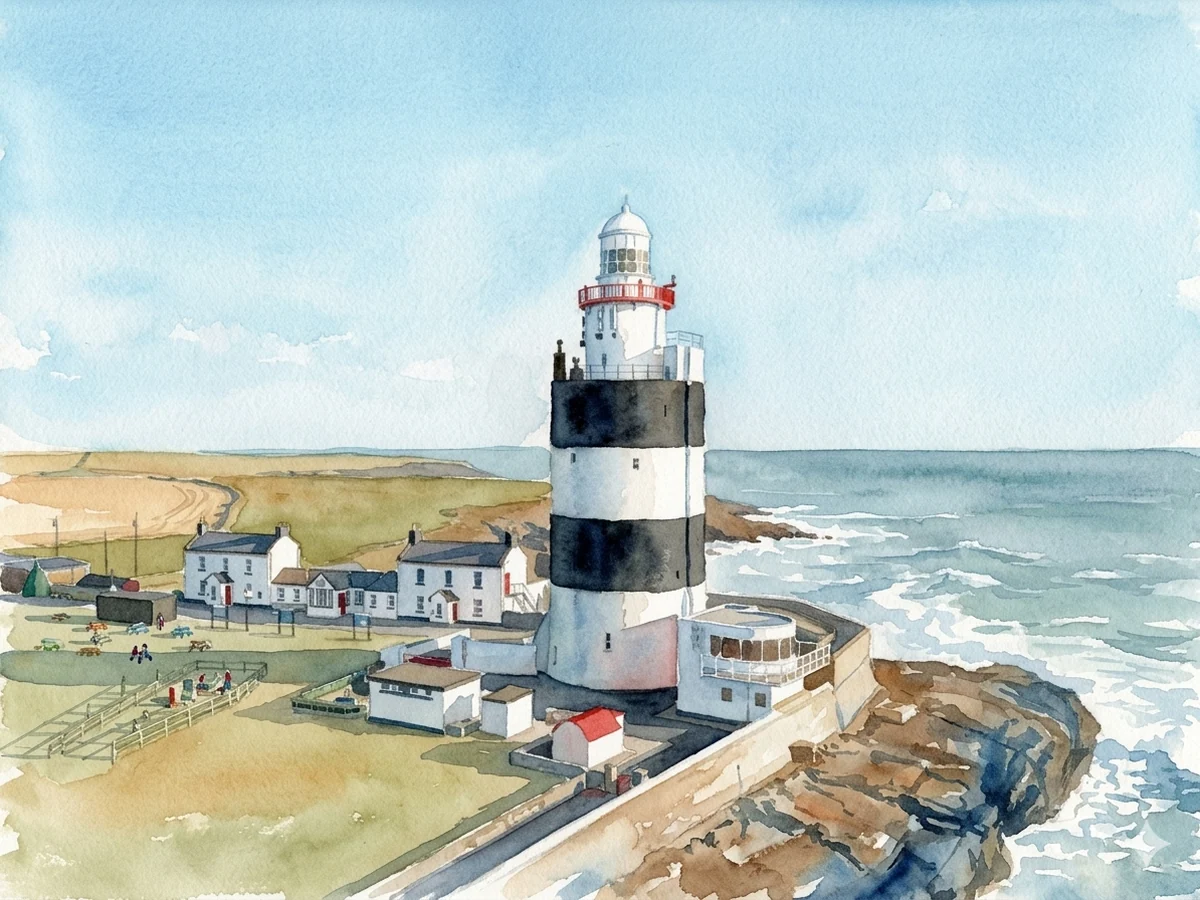 Watercolour painting of Hook Lighthouse, a cylindrical medieval stone tower, four black-and-white bands in County Wexford, Ireland