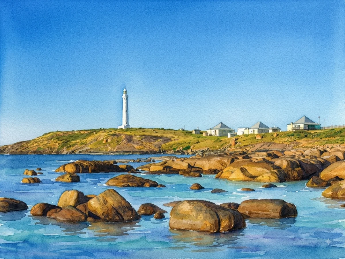 Watercolour painting of Cape Leeuwin Lighthouse, a tapered limestone tower in Western Australia, Australia