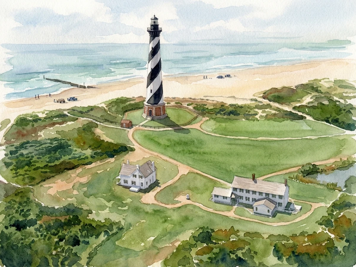 Watercolour painting of Cape Hatteras Lighthouse, a conical brick tower, black and white spiral daymark in North Carolina, United States of America