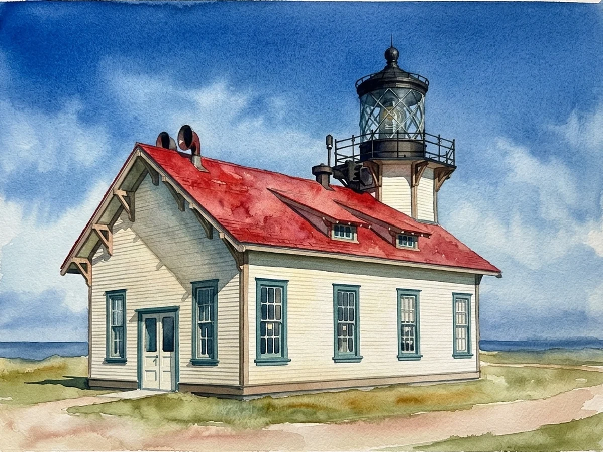Watercolour painting of Point Cabrillo Light Station, a schoolhouse-form station, tower built into the building in California, United States of America